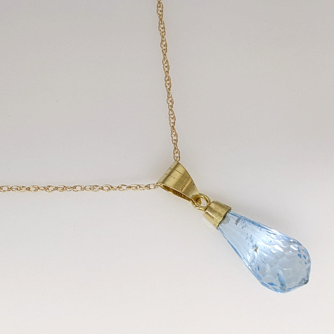 18K BLUE TOPAZ BRIOLETTE ESTATE PENDANT & 14K CHAIN 2.2 GRAMS