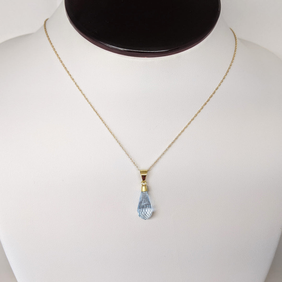 18K BLUE TOPAZ BRIOLETTE ESTATE PENDANT & 14K CHAIN 2.2 GRAMS