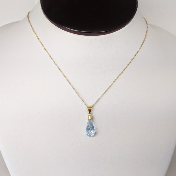 18K BLUE TOPAZ BRIOLETTE ESTATE PENDANT & 14K CHAIN 2.2 GRAMS