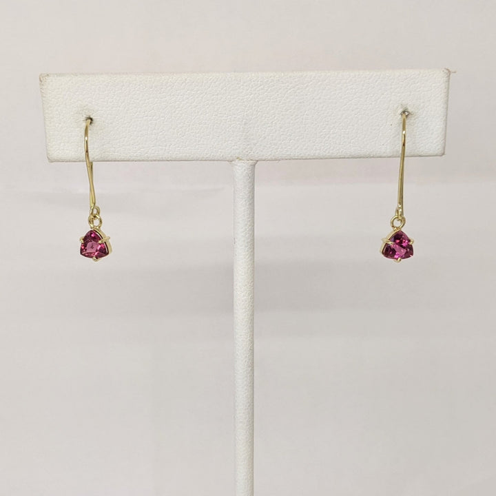18K PINK TOURMALINE TRILLION 5.5MM DANGLE ESTATE EARRINGS 0.9 GRAMS
