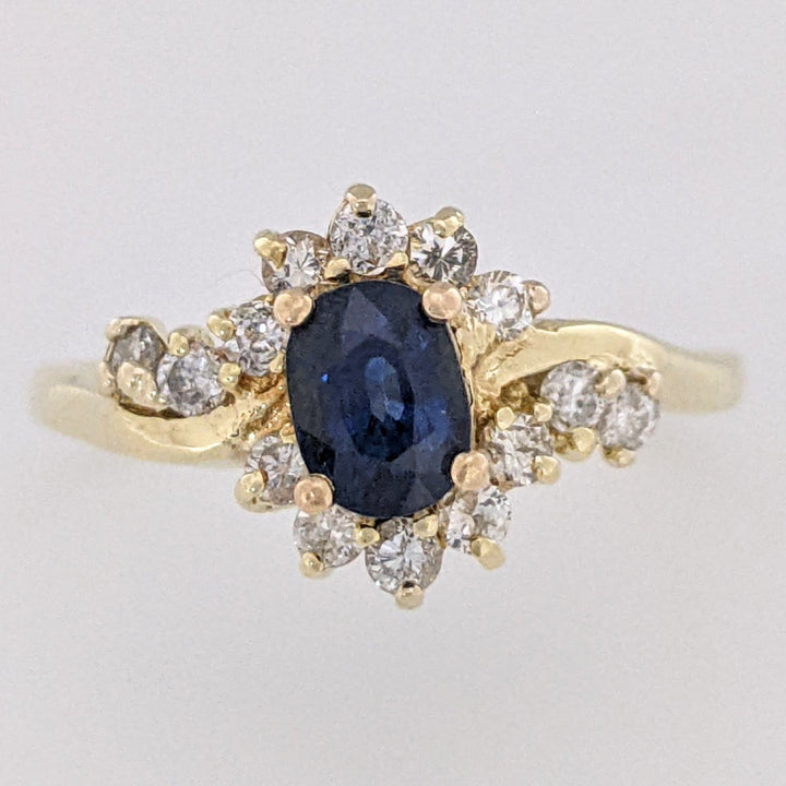 14K SAPPHIRE OVAL 4X6 WITH .35 CARAT TOTAL WEIGHT (14) ROUND ESTATE RING 3.1 GRAMS