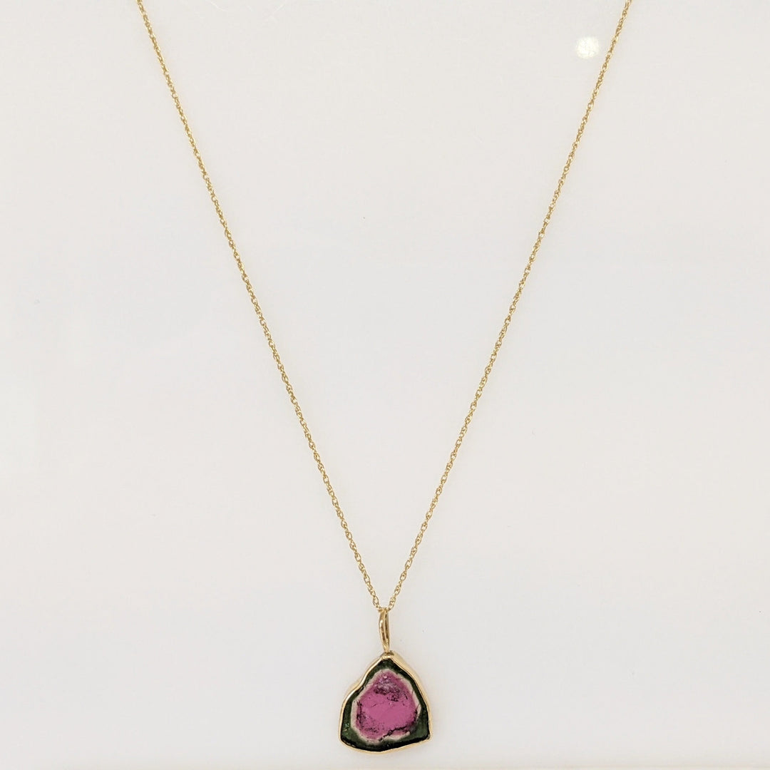 14K WATERMELON TOURMALINE FREE FORM ESTATE PENDANT & CHAIN 2.0 GRAMS