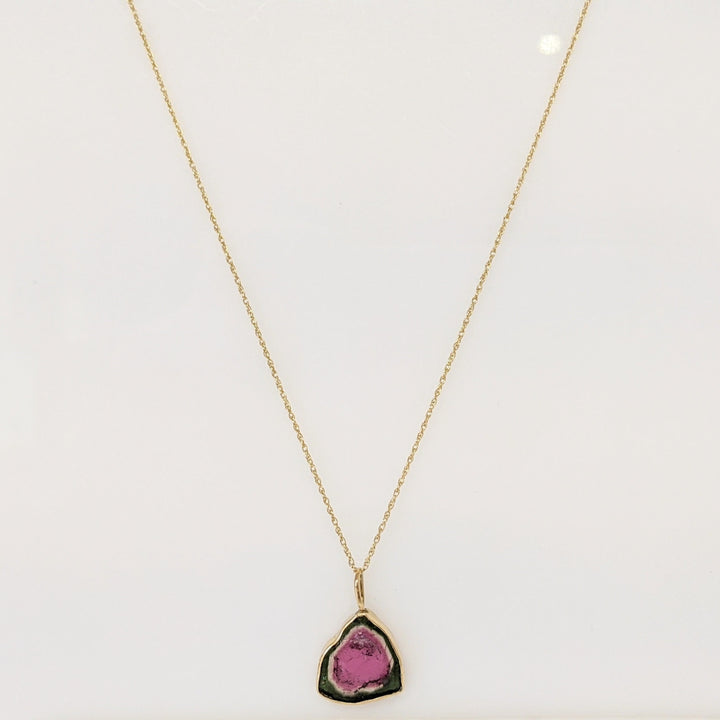 14K WATERMELON TOURMALINE FREE FORM ESTATE PENDANT & CHAIN 2.0 GRAMS