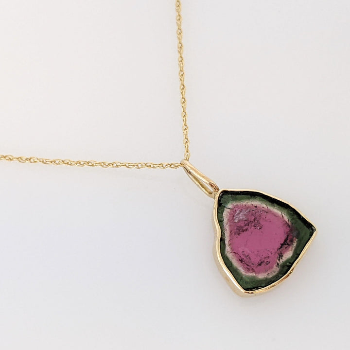 14K WATERMELON TOURMALINE FREE FORM ESTATE PENDANT & CHAIN 2.0 GRAMS
