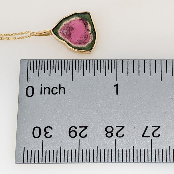 14K WATERMELON TOURMALINE FREE FORM ESTATE PENDANT & CHAIN 2.0 GRAMS