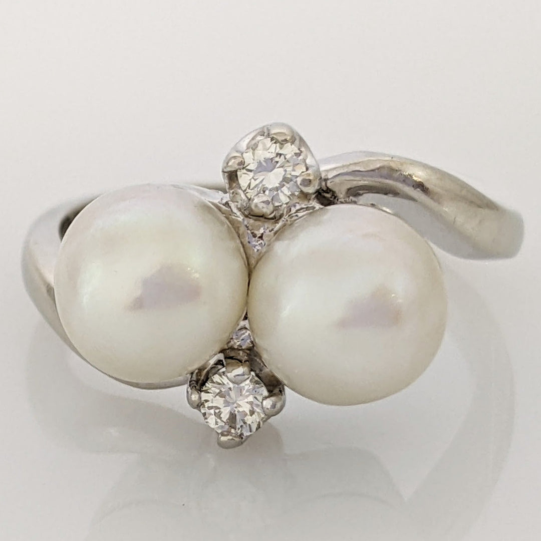 14K WHITE PEARL ROUND 7MM (2) WITH (2) MELEE BYPASS ESTATE RING 4.8 GRAMS