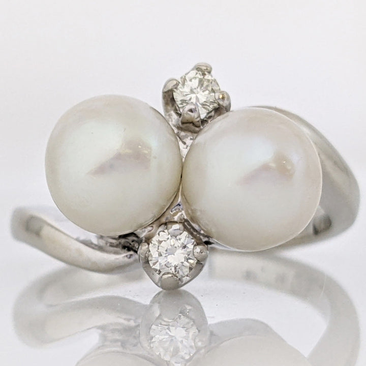 14K WHITE PEARL ROUND 7MM (2) WITH (2) MELEE BYPASS ESTATE RING 4.8 GRAMS