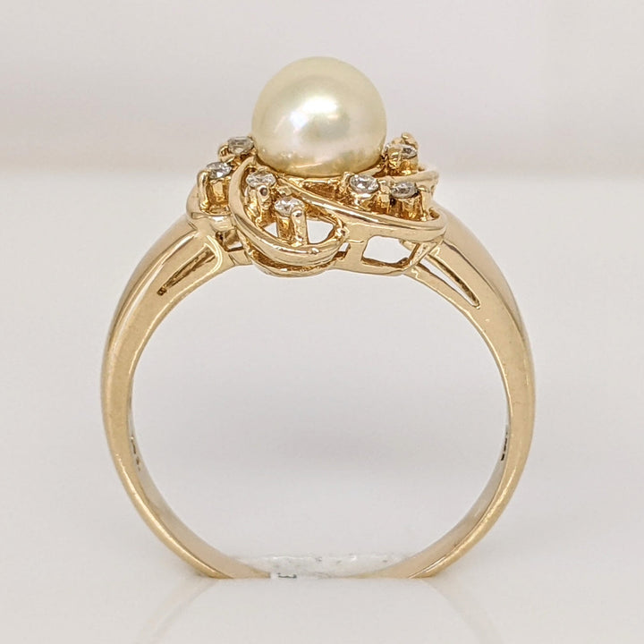 14K PEARL ROUND 5.9MM WITH (10) MELEE TWIST TOP ESTATE RING 3.1 GRAMS