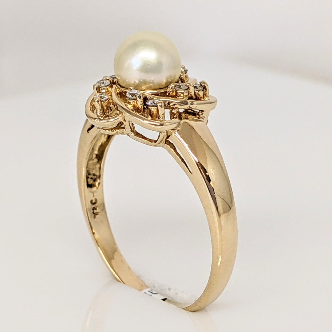 14K PEARL ROUND 5.9MM WITH (10) MELEE TWIST TOP ESTATE RING 3.1 GRAMS