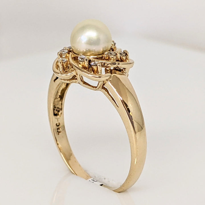 14K PEARL ROUND 5.9MM WITH (10) MELEE TWIST TOP ESTATE RING 3.1 GRAMS