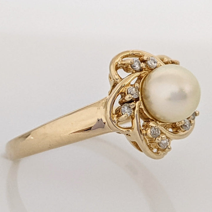 14K PEARL ROUND 5.9MM WITH (10) MELEE TWIST TOP ESTATE RING 3.1 GRAMS