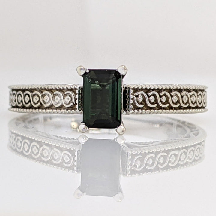 14K WHITE GREEN TOURMALINE EMERALD CUT 4X6 ETCHED MOUNTING ESTATE RING 5.1 GRAMS