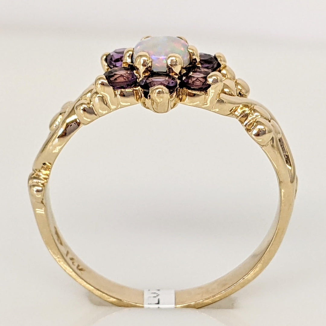 14K OPAL ROUND 4MM (1) AMETHYST 2.5MM (6) FLORAL ESTATE RING 2.6 GRAMS