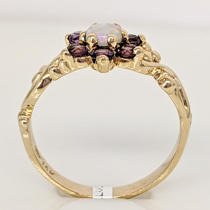 14K OPAL ROUND 4MM (1) AMETHYST 2.5MM (6) FLORAL ESTATE RING 2.6 GRAMS