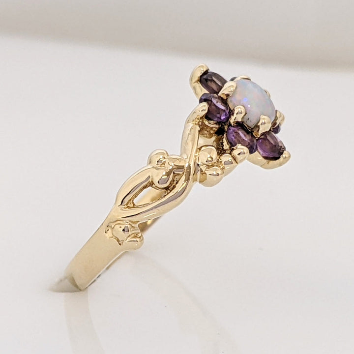 14K OPAL ROUND 4MM (1) AMETHYST 2.5MM (6) FLORAL ESTATE RING 2.6 GRAMS