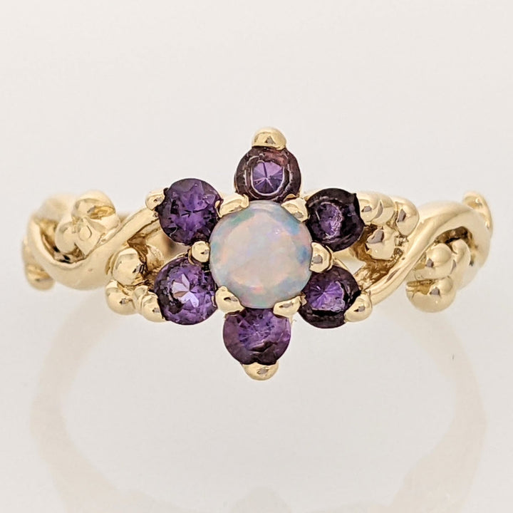 14K OPAL ROUND 4MM (1) AMETHYST 2.5MM (6) FLORAL ESTATE RING 2.6 GRAMS
