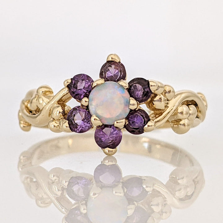 14K OPAL ROUND 4MM (1) AMETHYST 2.5MM (6) FLORAL ESTATE RING 2.6 GRAMS