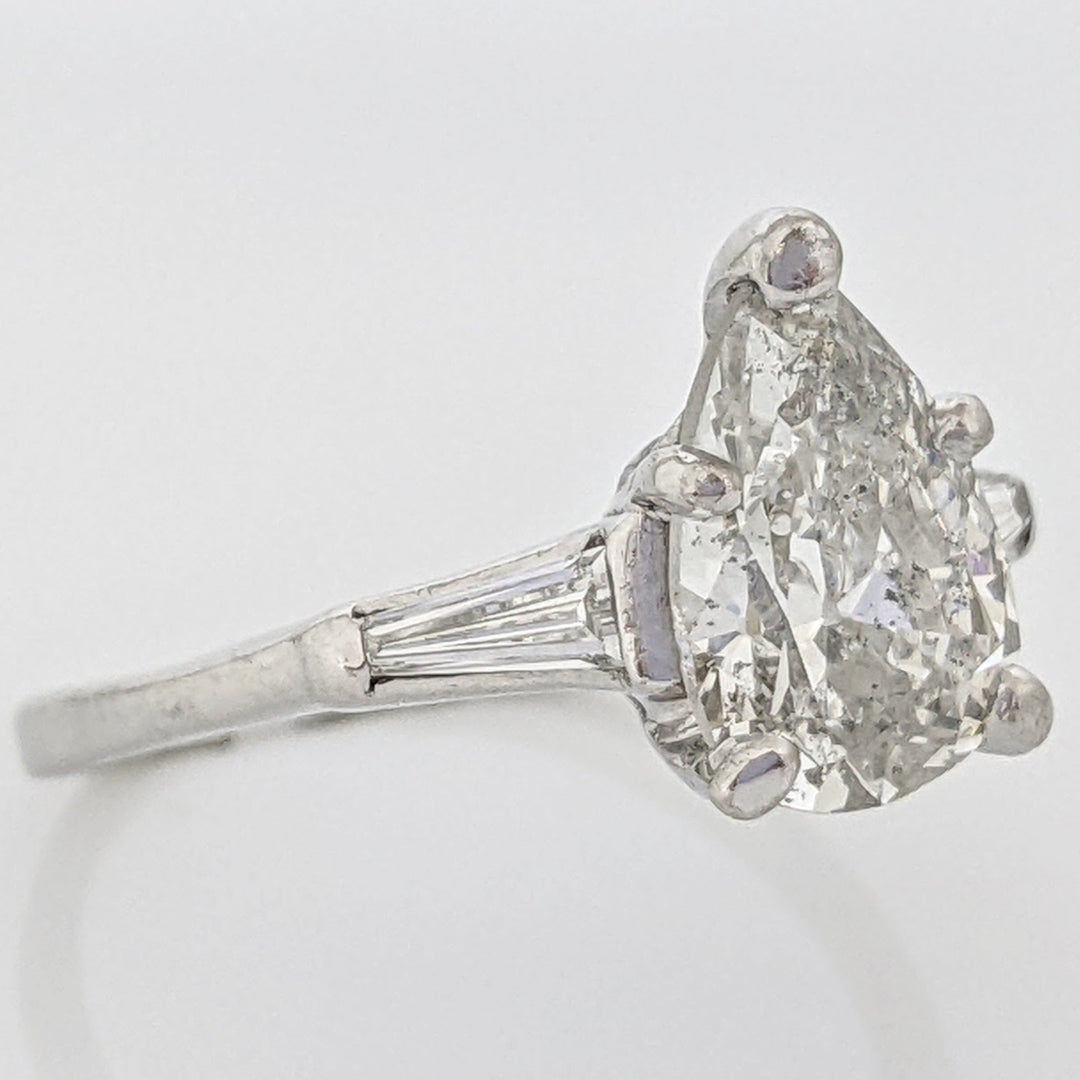 PLATINUM 2.13 CARAT TOTAL I1 G DIAMOND PEAR WITH (2) BAGUETTE ESTATE RING 4.8 GRAMS