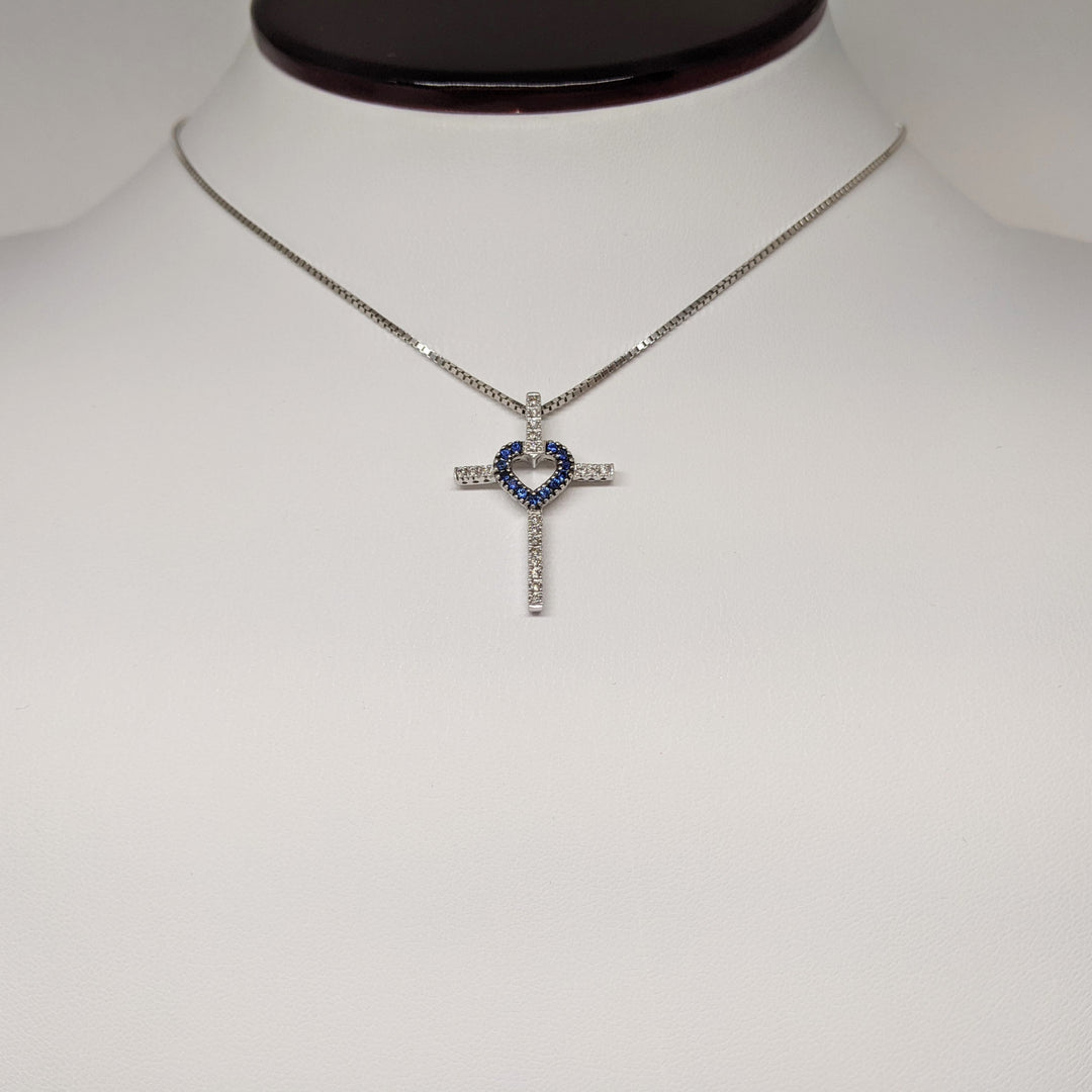 14K WHITE SAPPHIRE ROUND (13) 1MM WITH .15 DIAMOND TOTAL WEIGHT ESTATE CROSS PENDANT & CHAIN 5.2 GRAMS