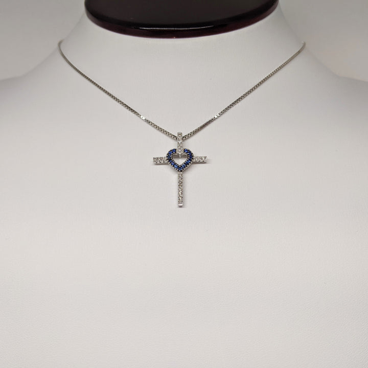 14K WHITE SAPPHIRE ROUND (13) 1MM WITH .15 DIAMOND TOTAL WEIGHT ESTATE CROSS PENDANT & CHAIN 5.2 GRAMS