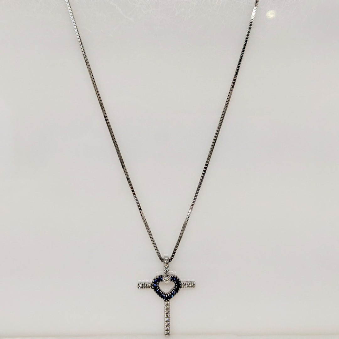 14K WHITE SAPPHIRE ROUND (13) 1MM WITH .15 DIAMOND TOTAL WEIGHT ESTATE CROSS PENDANT & CHAIN 5.2 GRAMS