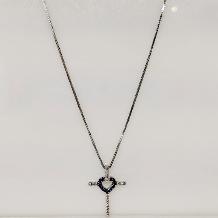 14K WHITE SAPPHIRE ROUND (13) 1MM WITH .15 DIAMOND TOTAL WEIGHT ESTATE CROSS PENDANT & CHAIN 5.2 GRAMS