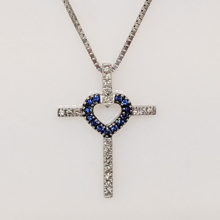 14K WHITE SAPPHIRE ROUND (13) 1MM WITH .15 DIAMOND TOTAL WEIGHT ESTATE CROSS PENDANT & CHAIN 5.2 GRAMS