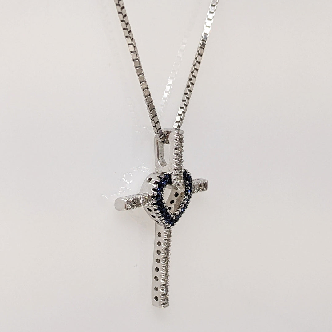 14K WHITE SAPPHIRE ROUND (13) 1MM WITH .15 DIAMOND TOTAL WEIGHT ESTATE CROSS PENDANT & CHAIN 5.2 GRAMS