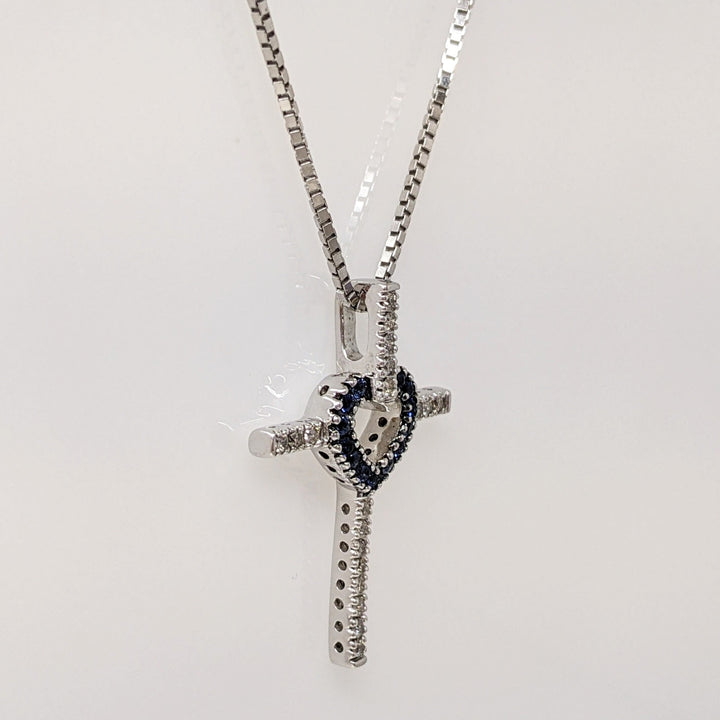 14K WHITE SAPPHIRE ROUND (13) 1MM WITH .15 DIAMOND TOTAL WEIGHT ESTATE CROSS PENDANT & CHAIN 5.2 GRAMS