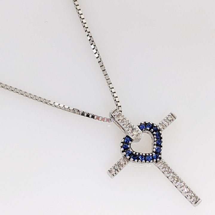 14K WHITE SAPPHIRE ROUND (13) 1MM WITH .15 DIAMOND TOTAL WEIGHT ESTATE CROSS PENDANT & CHAIN 5.2 GRAMS