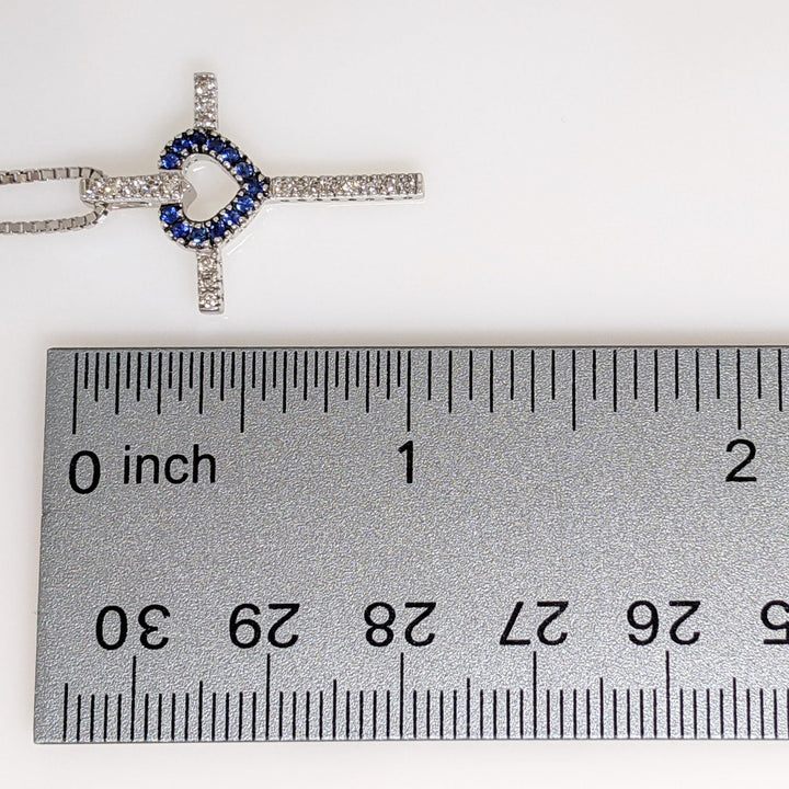 14K WHITE SAPPHIRE ROUND (13) 1MM WITH .15 DIAMOND TOTAL WEIGHT ESTATE CROSS PENDANT & CHAIN 5.2 GRAMS