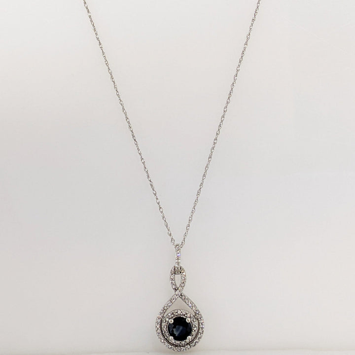 14K WHITE SAPPHIRE ROUND 5MM WITH .53 DIAMOND TOTAL WEIGHT TWIST ESTATE PENDANT & CHAIN 2.0 GRAMS