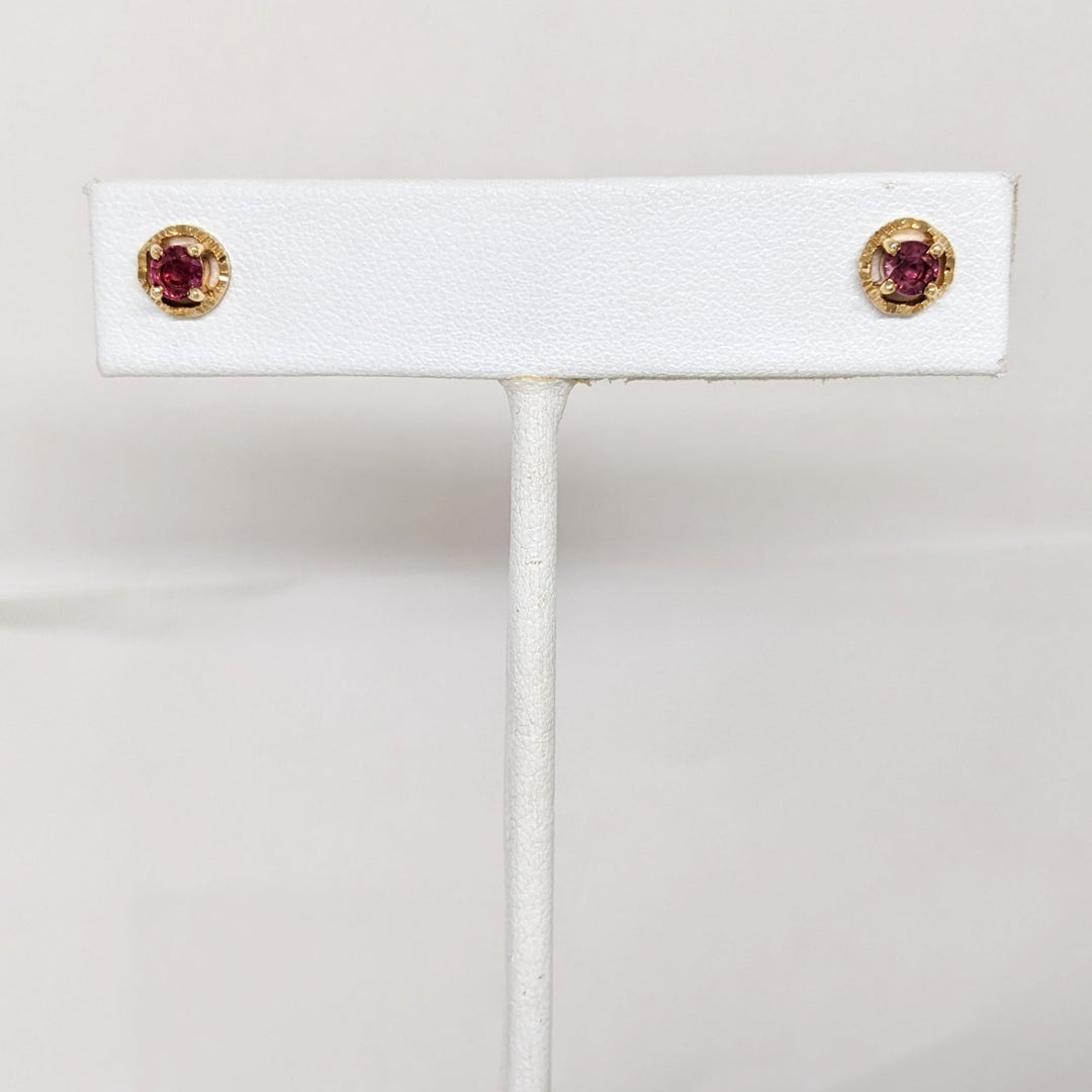 14K RUBY ROUND 3.7MM WITH GOLD TRIM ESTATE EARRINGS 1.7 GRAMS