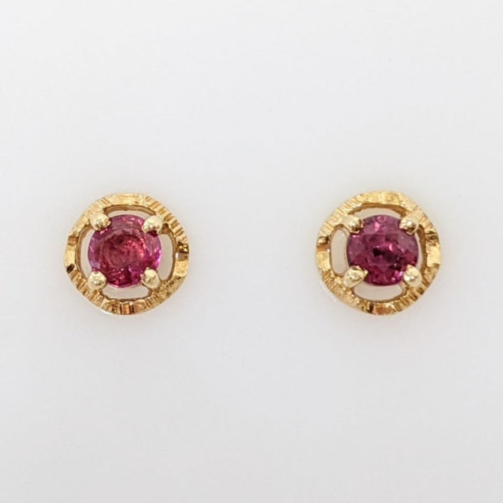 14K RUBY ROUND 3.7MM WITH GOLD TRIM ESTATE EARRINGS 1.7 GRAMS