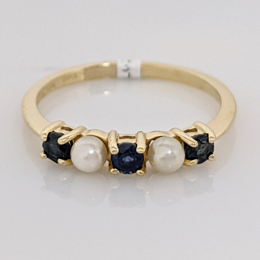 18K SAPPHIRE ROUND (3) 3MM WITH (2) PEARL 3MM ESTATE TIFFANY BAND 1.6 GRAMS
