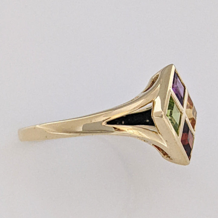 14K GARNET, CITRINE, AMETHYST, PERIDOT PRINCESS CUT 4MM BEZEL ESTATE RING 2.7 GRAMS