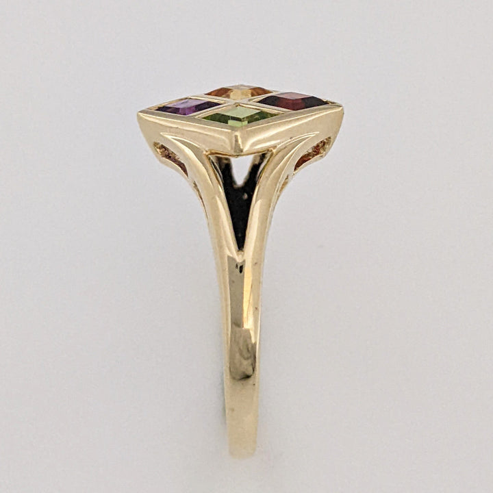 14K GARNET, CITRINE, AMETHYST, PERIDOT PRINCESS CUT 4MM BEZEL ESTATE RING 2.7 GRAMS