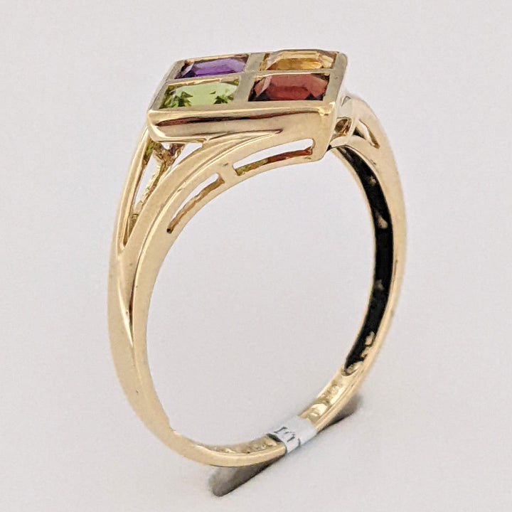 14K GARNET, CITRINE, AMETHYST, PERIDOT PRINCESS CUT 4MM BEZEL ESTATE RING 2.7 GRAMS
