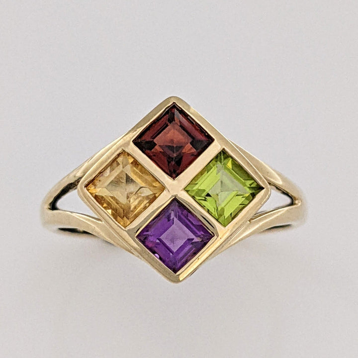 14K GARNET, CITRINE, AMETHYST, PERIDOT PRINCESS CUT 4MM BEZEL ESTATE RING 2.7 GRAMS