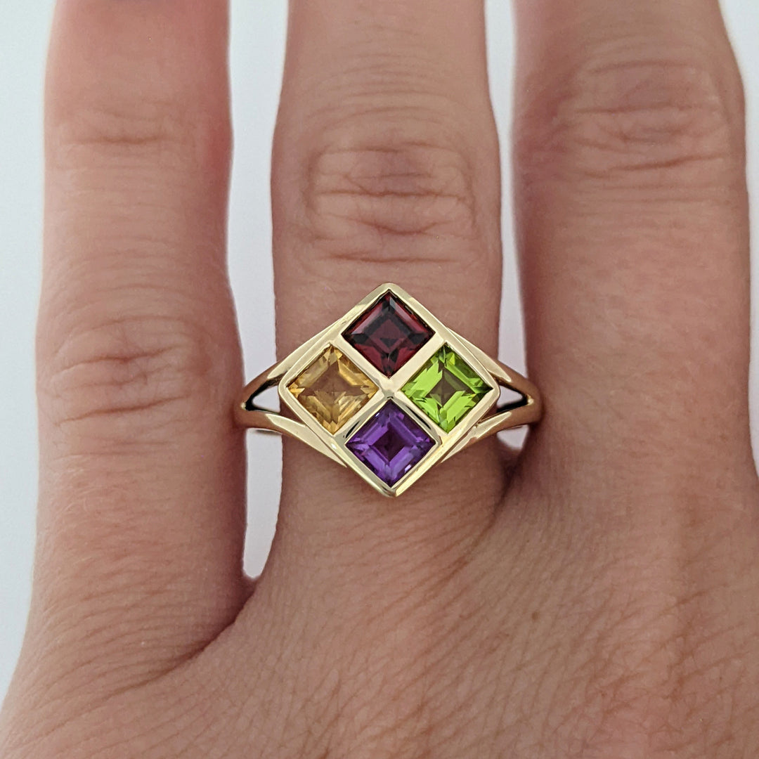 14K GARNET, CITRINE, AMETHYST, PERIDOT PRINCESS CUT 4MM BEZEL ESTATE RING 2.7 GRAMS
