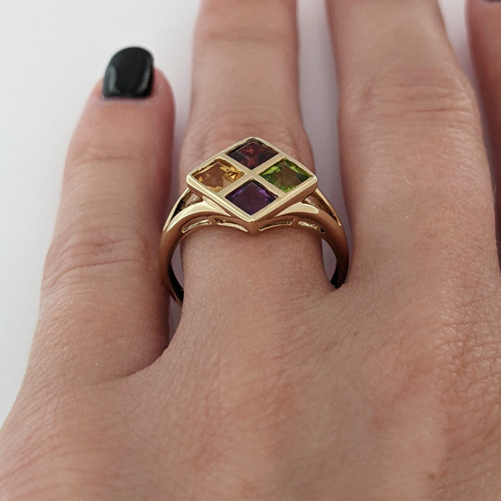 14K GARNET, CITRINE, AMETHYST, PERIDOT PRINCESS CUT 4MM BEZEL ESTATE RING 2.7 GRAMS