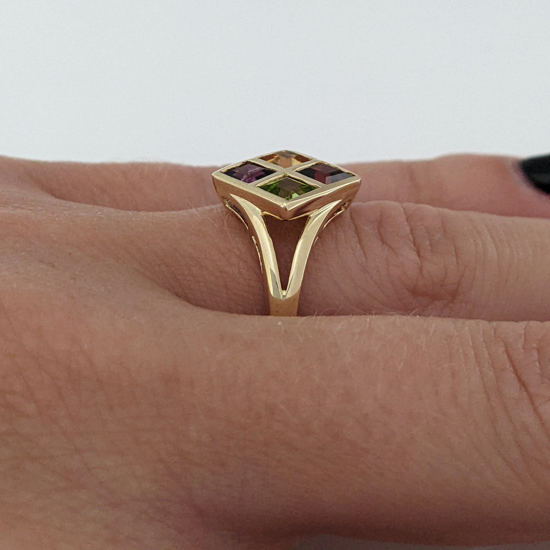 14K GARNET, CITRINE, AMETHYST, PERIDOT PRINCESS CUT 4MM BEZEL ESTATE RING 2.7 GRAMS