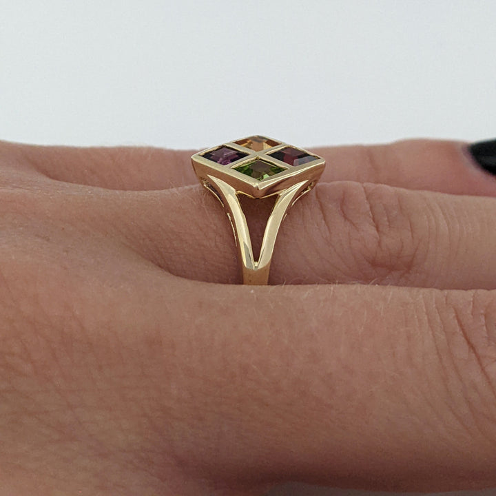 14K GARNET, CITRINE, AMETHYST, PERIDOT PRINCESS CUT 4MM BEZEL ESTATE RING 2.7 GRAMS