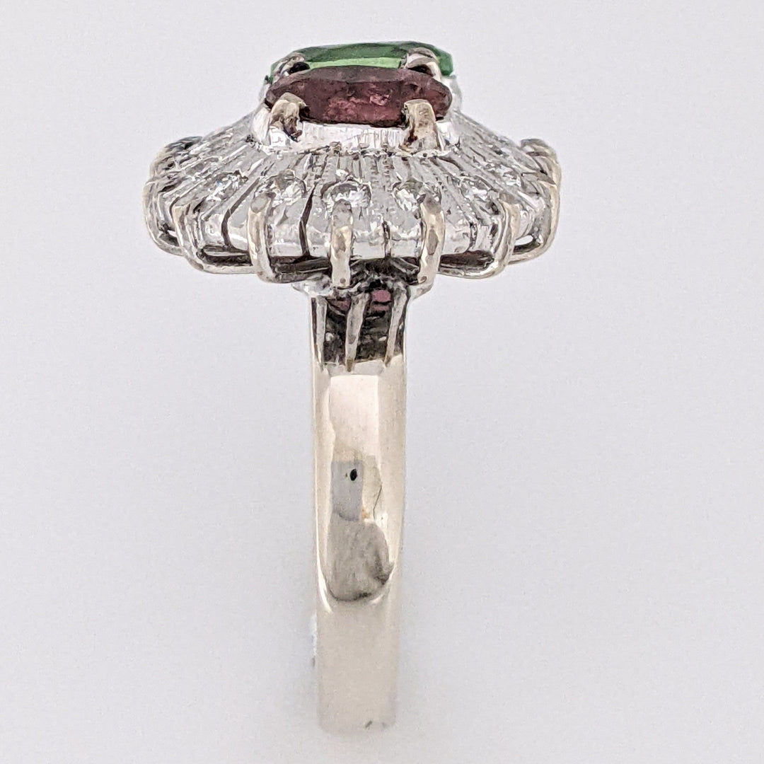 10K WHITE PINK/ GREEN TOURMALINE OVAL 5X7 WITH (18) MELEE ESTATE RING 6.7 GRAMS