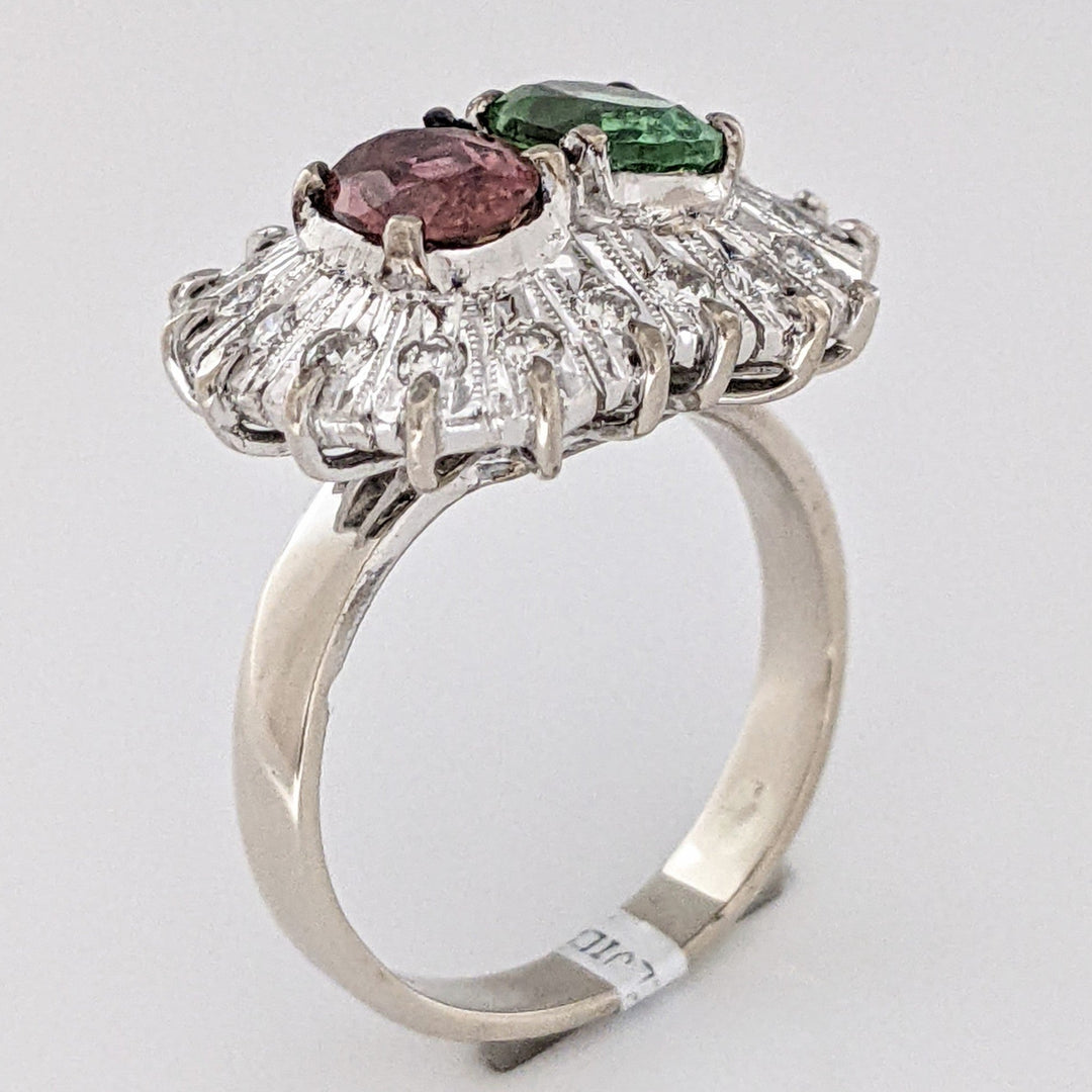 10K WHITE PINK/ GREEN TOURMALINE OVAL 5X7 WITH (18) MELEE ESTATE RING 6.7 GRAMS