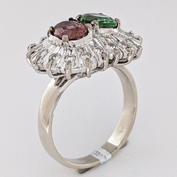 10K WHITE PINK/ GREEN TOURMALINE OVAL 5X7 WITH (18) MELEE ESTATE RING 6.7 GRAMS