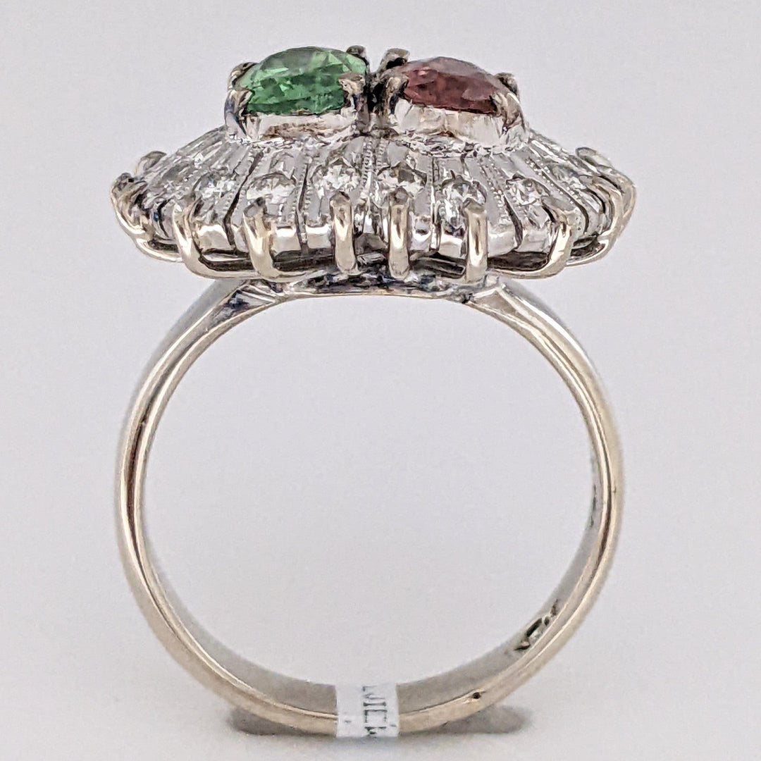 10K WHITE PINK/ GREEN TOURMALINE OVAL 5X7 WITH (18) MELEE ESTATE RING 6.7 GRAMS