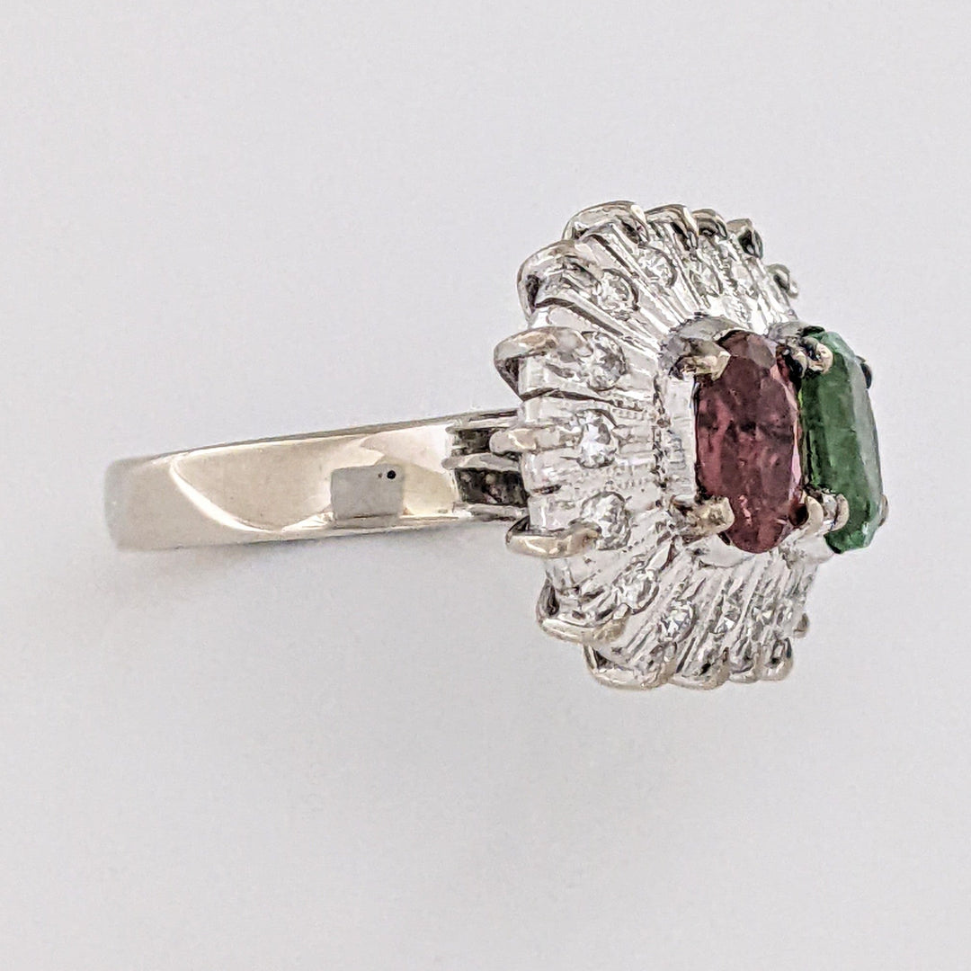 10K WHITE PINK/ GREEN TOURMALINE OVAL 5X7 WITH (18) MELEE ESTATE RING 6.7 GRAMS