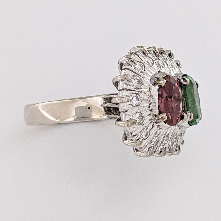 10K WHITE PINK/ GREEN TOURMALINE OVAL 5X7 WITH (18) MELEE ESTATE RING 6.7 GRAMS