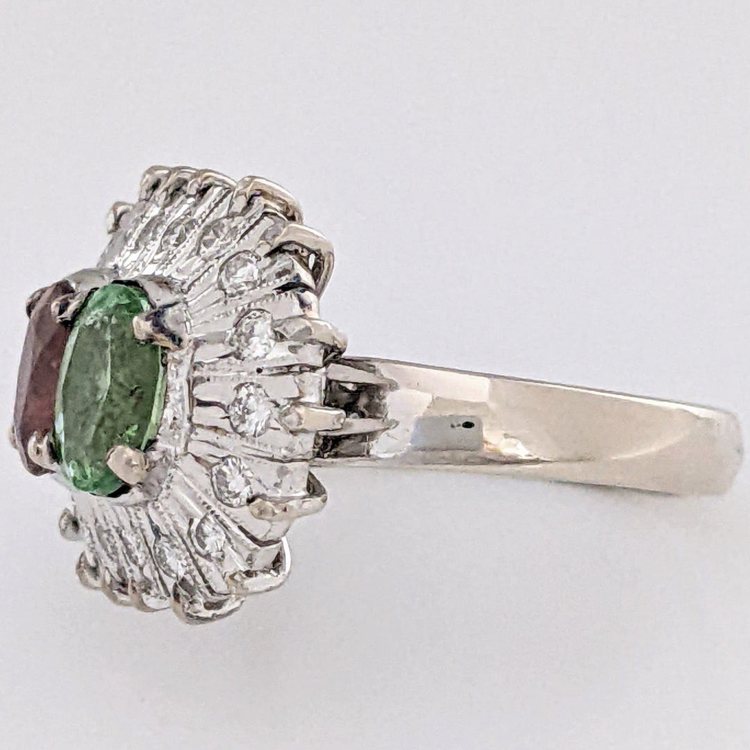 10K WHITE PINK/ GREEN TOURMALINE OVAL 5X7 WITH (18) MELEE ESTATE RING 6.7 GRAMS
